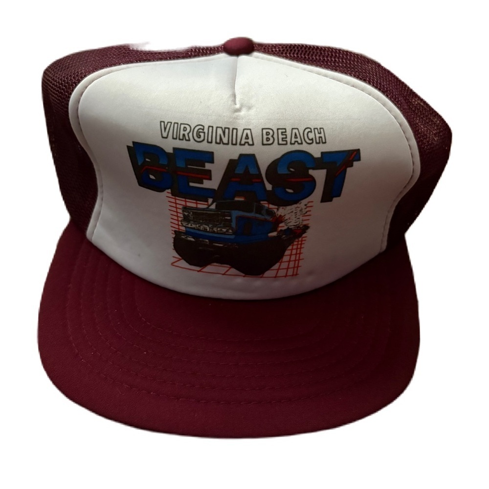 Vintage Virginia Beach Beast Trucker Hat Monster Purple Red Maroon Mesh Snapback